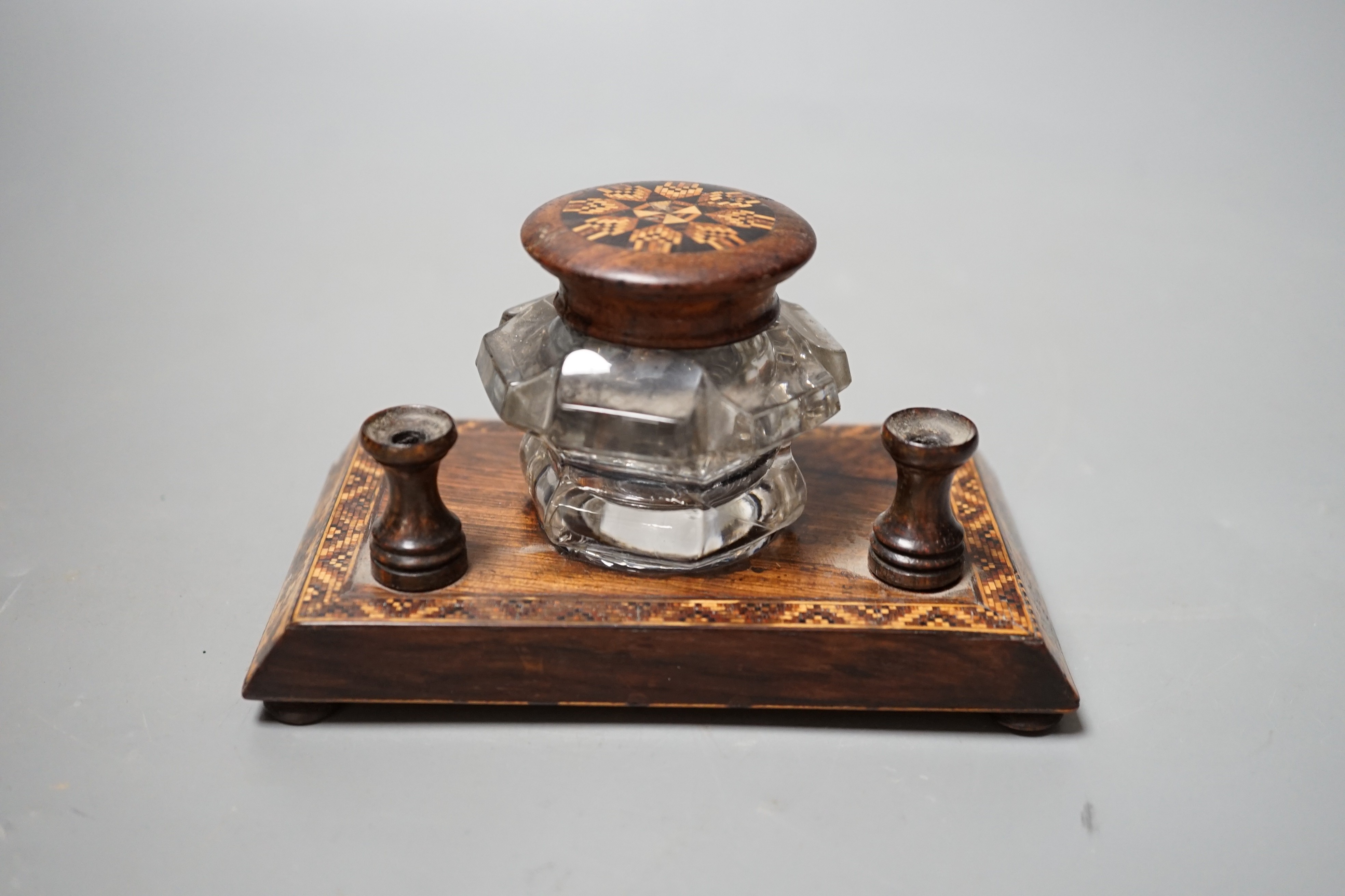 A Tunbridge ware rosewood inkstand, late 19th century, 14cm wide